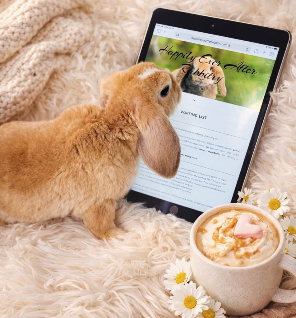 628409129_18085576718131518_1888715664523615612_n - Happily Ever After Rabbitry Brown rabbit on a fluffy rug gazes at a tablet displaying a website header.
